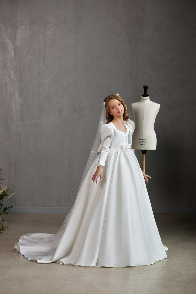 LONDON – CLASSIC SATIN COMMUNION DRESS WITH BOW AND PEARL DETAIL by Mia Bambina Boutique Canada