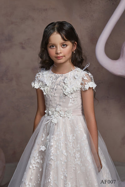 Long Flower Girl's Dress in Soft Tulle with Short Sleeves - Mia Bambina Boutique