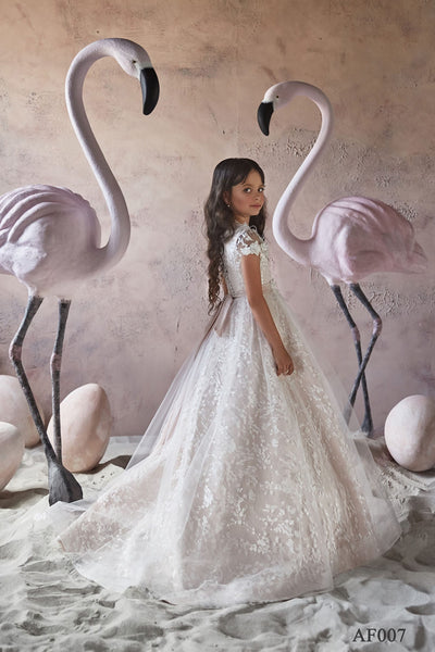 Long Flower Girl's Dress in Soft Tulle with Short Sleeves - Mia Bambina Boutique