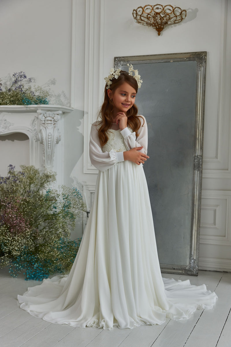 Modest First Communion Dress with Long Bishop Sleeves by Mia Bambina Boutique Canada