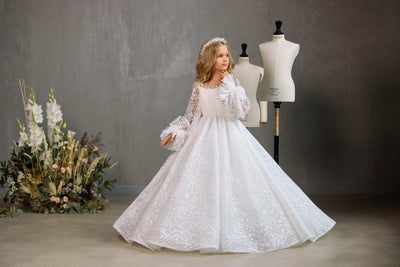 MONTREAL  - ELABORATE COMMUNION DRESS WITH RUFFLED SLEEVES AND LACE DETAIL by Mia Bambina Boutique Canada