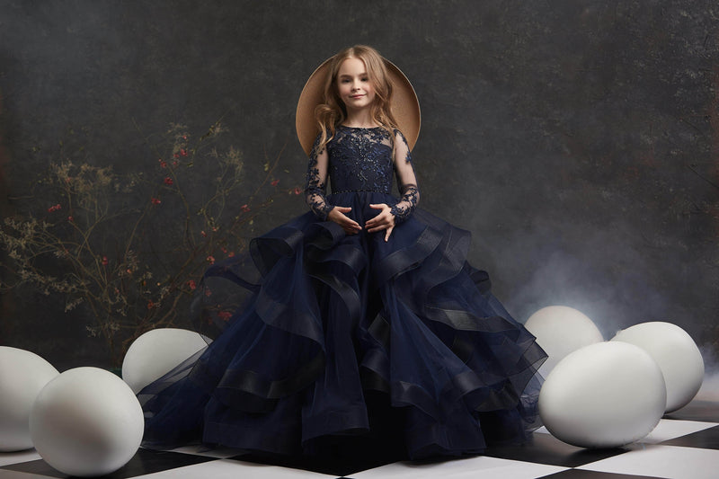 Navy Flower Girls Dress with Waterfall Skirt - Mia Bambina Boutique