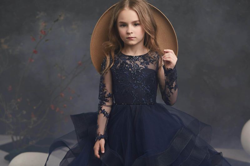 Navy Flower Girls Dress with Waterfall Skirt- Mia Bambina Boutique