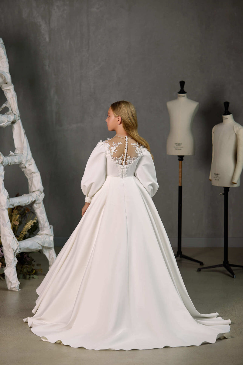 OTTAWA – CLASSIC COMMUNION DRESS WITH PUFF SLEEVE AND LACE TRIM by Mia Bambina Boutique Canada