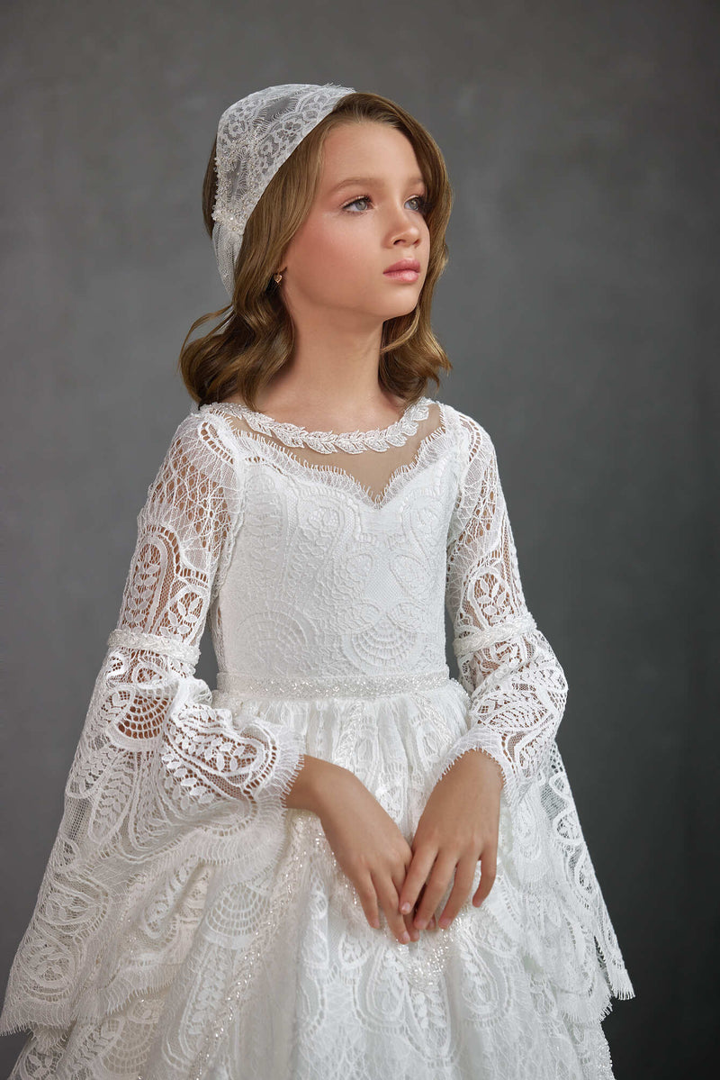 OXFORD – INTRICATE LACE COMMUNION GOWN WITH BELL SLEEVES by Mia Bambina Boutique Canada