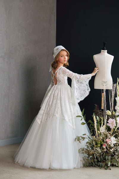 OXFORD – INTRICATE LACE COMMUNION GOWN WITH BELL SLEEVES by Mia Bambina Boutique Canada