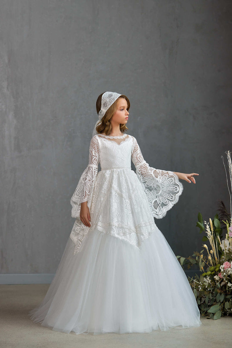 OXFORD – INTRICATE LACE COMMUNION GOWN WITH BELL SLEEVES by Mia Bambina Boutique Canada