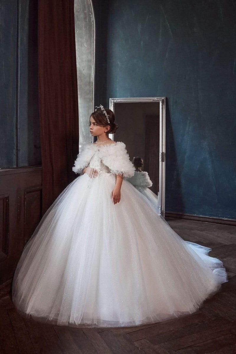 Puffed Sleeves Ball Gown Flower Girl Dress with Train - Mia Bambina Boutique