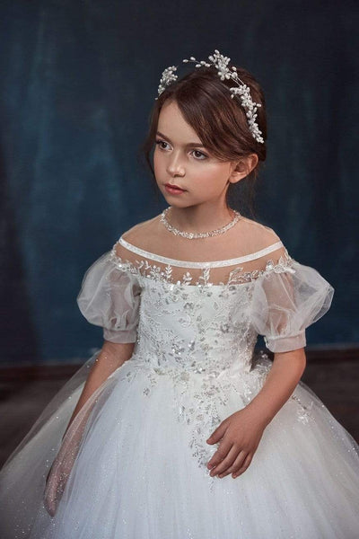 Puffed Sleeves Ball Gown Flower Girl Dress with Train - Mia Bambina Boutique