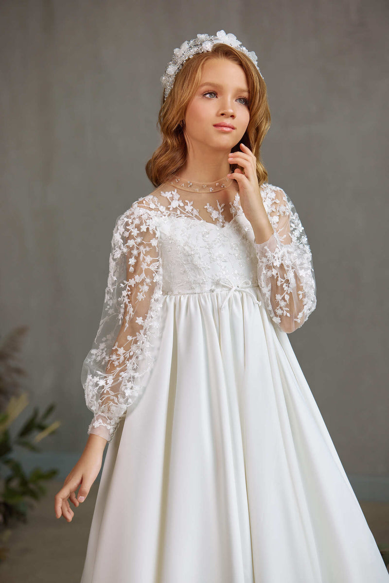 SADBURY – A-LINE COMMUNION DRESS WITH SHEER FLORAL PUFF SLEEVES by Mia Bambina Boutique Canada