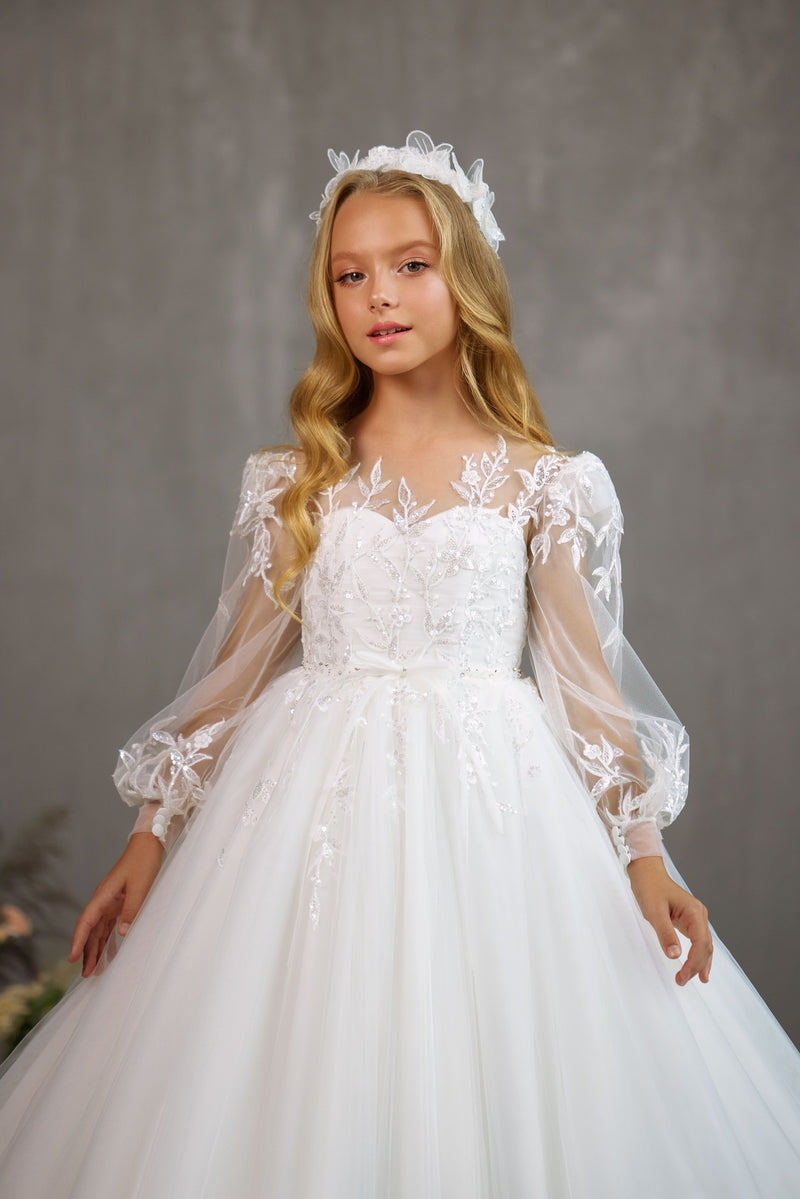 SARNIA – DELICATE COMMUNION DRESS WITH SHEER PUFF SLEEVES AND RUFFLED HEM by Mia Bambina Boutique