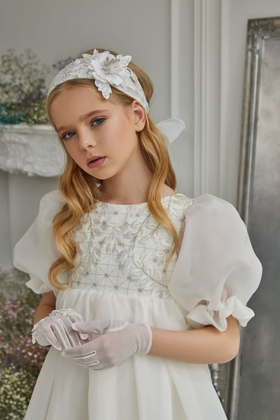 Short Communion Gloves with Embroidered Flowers & Beads by Mia Bambina Boutique