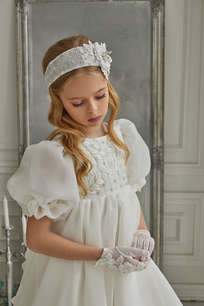 Short Communion Gloves with Embroidered Flowers & Beads by Mia Bambina Boutique