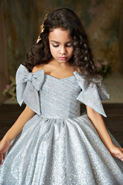 2311 Tina Girls Sparkly Glitter Tulle Ball Gown with Bows in Black or Silver - Mia Bambina Boutique