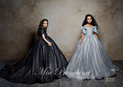 2311 Tina Girls Sparkly Glitter Tulle Ball Gown with Bows in Black or Silver - Mia Bambina Boutique